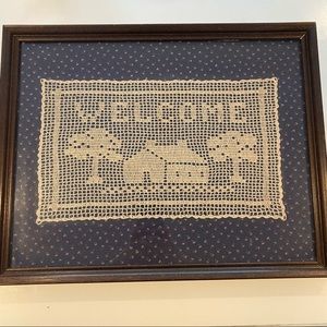 Vintage Framed "Welcome" Filet Crochet